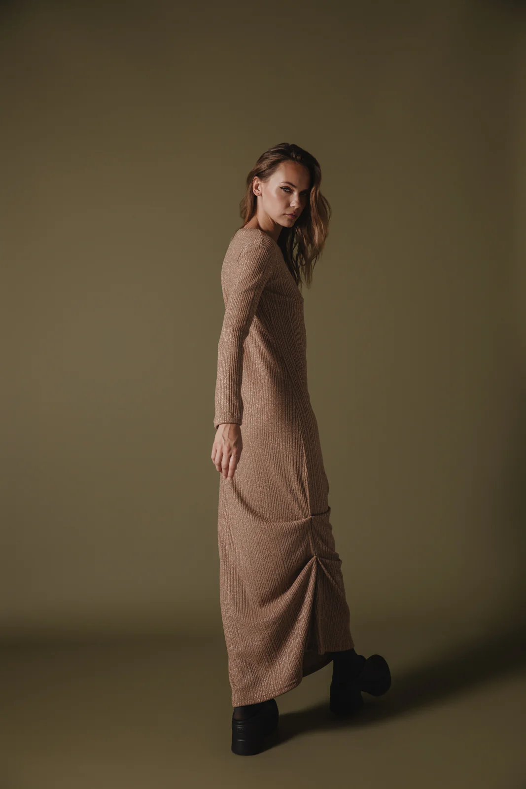 Powa Knitted Dress Beige - Image 3