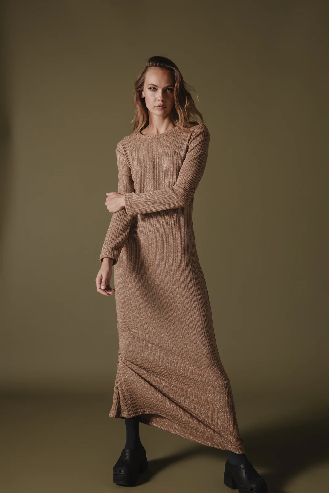 Powa Knitted Dress Beige - Image 4